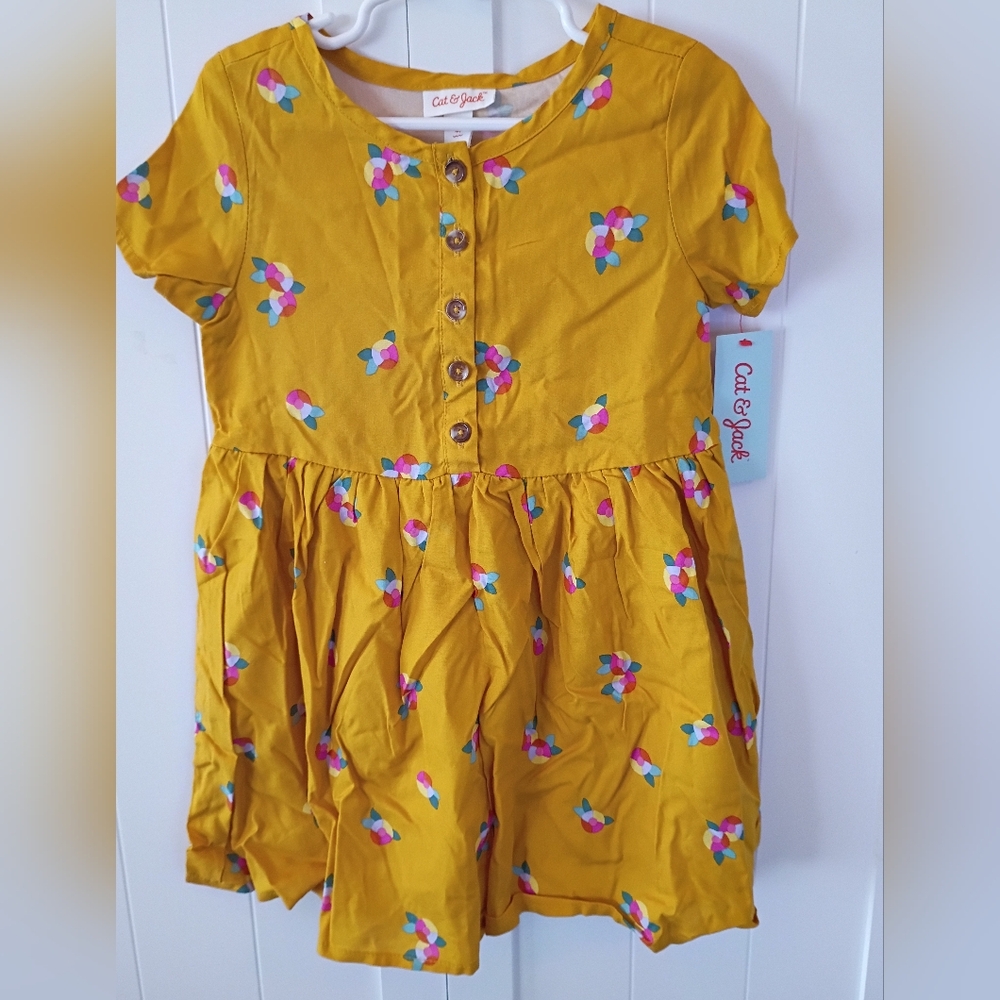 Cat & Jack Mustard Yellow Short-Sleeve Dress with Multicolor Floral Motif